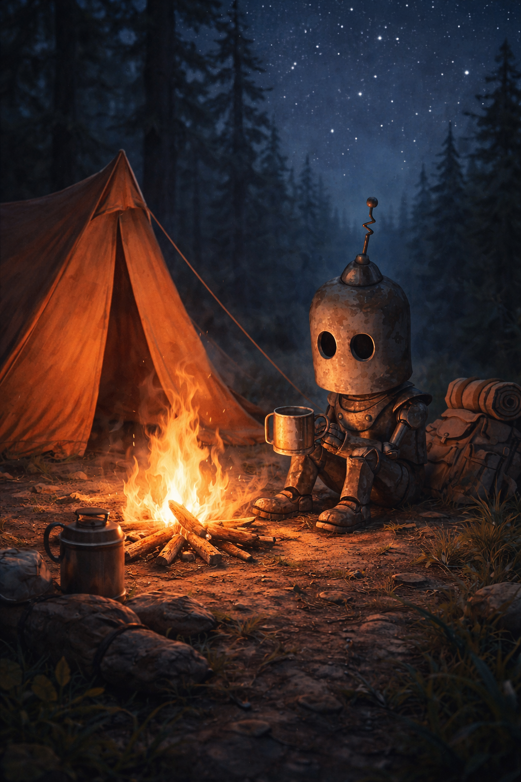 Robert allein im Wald beim Campen