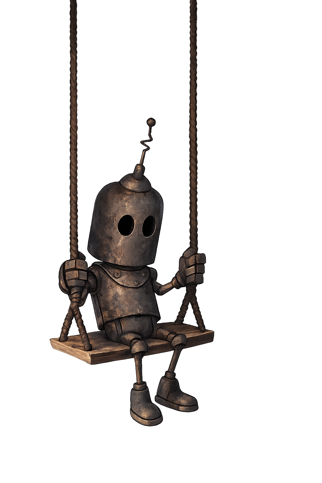 Trauriger Roboter sitzt auf einer Schaukel