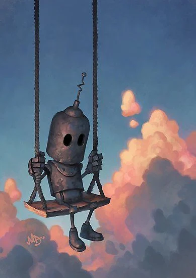 Robert, der traurige Roboter sitzt auf einer Schaukel in den Wolken