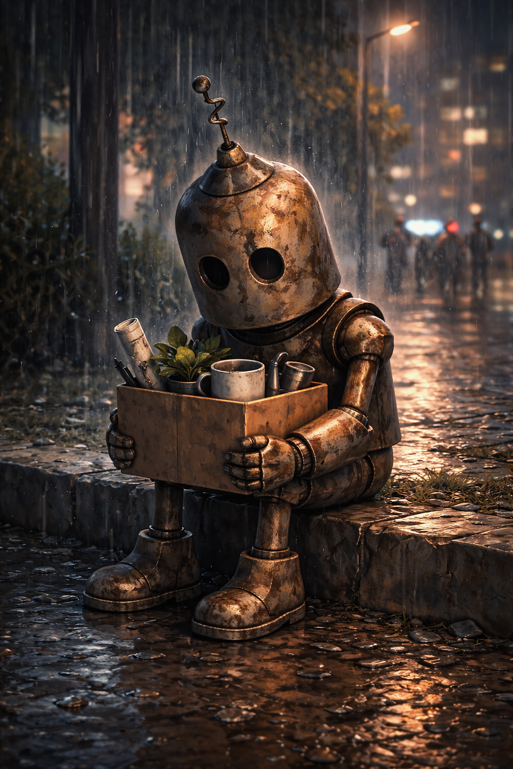 Robert sitzt mit einer Box im Regen, nachdem er seinen Job verloren hat